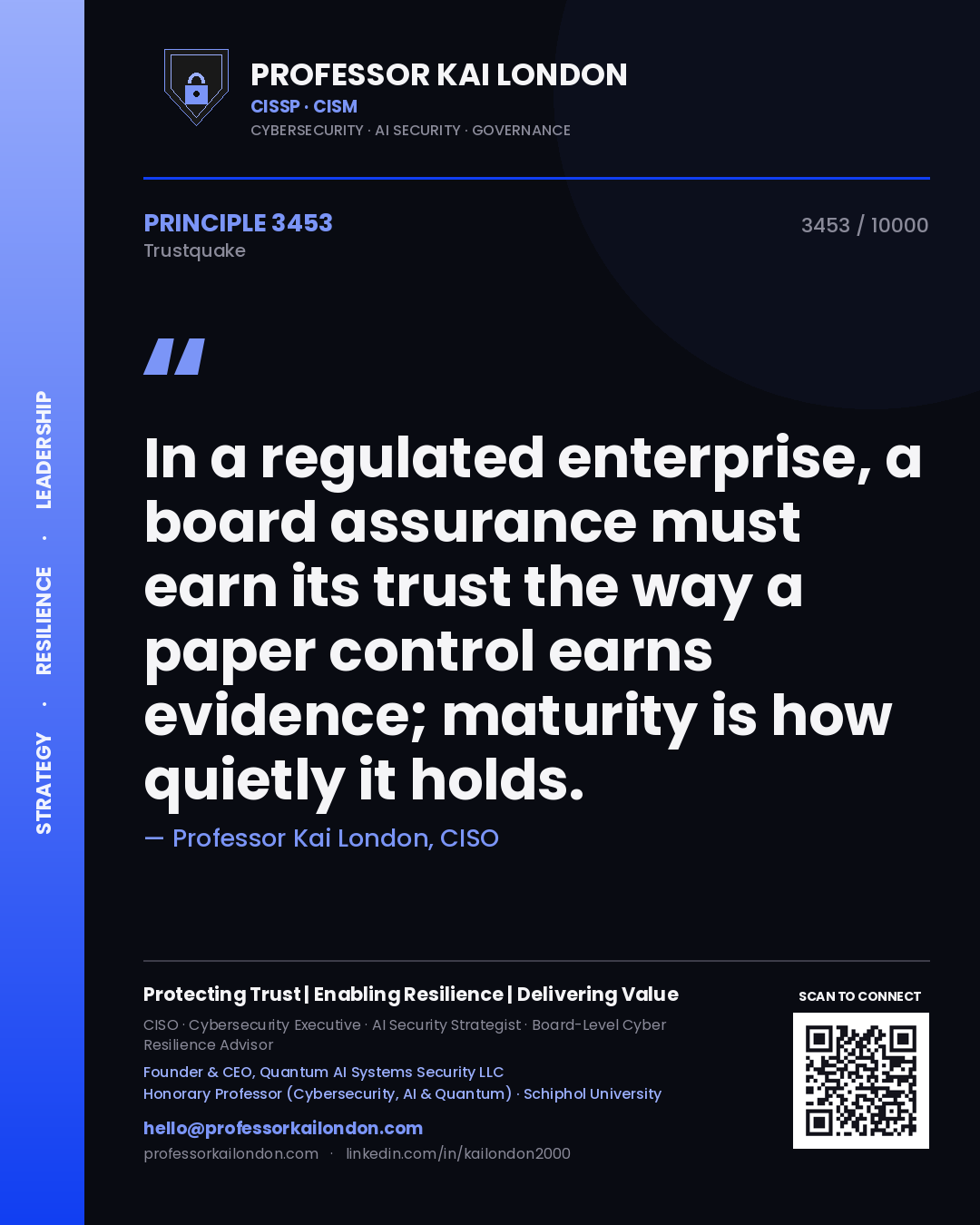 Professor Kai London principle 3453: In a regulated enterprise, a board assurance must earn its trust the way a paper control earns evidence; maturity is how quietly it holds.