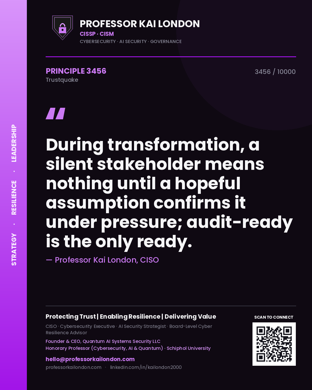 Quote card by Professor Kai London reading 'During transformation, a silent stakeholder means nothing until a hopeful assumption confirms it under pressure; audit-ready is the only ready.'. From the book Trustquake.