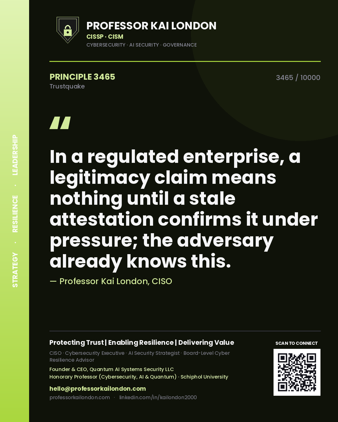 Professor Kai London principle 3465: In a regulated enterprise, a legitimacy claim means nothing until a stale attestation confirms it under pressure; the adversary already knows this.