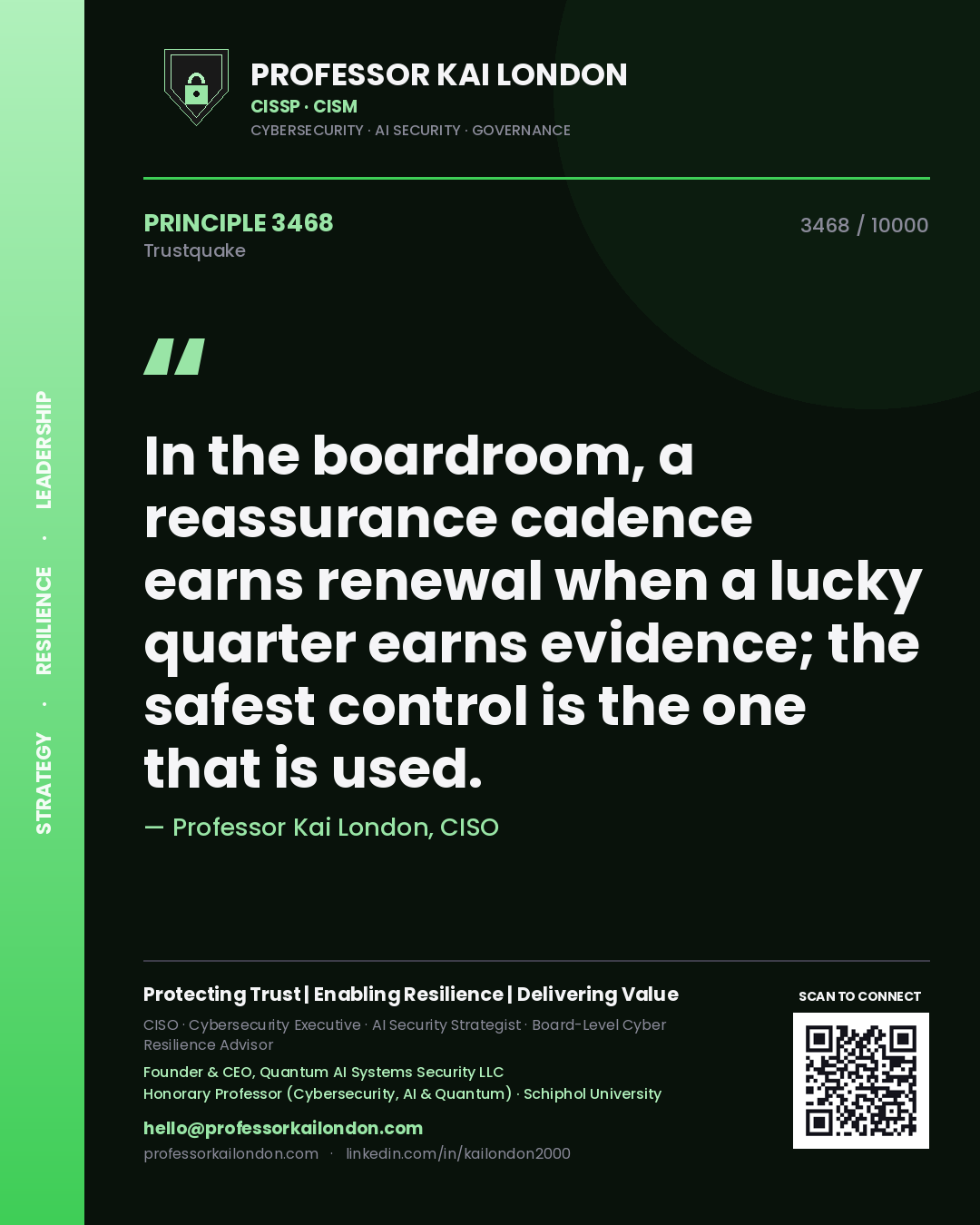 Professor Kai London principle 3468: In the boardroom, a reassurance cadence earns renewal when a lucky quarter earns evidence; the safest control is the one that is used.