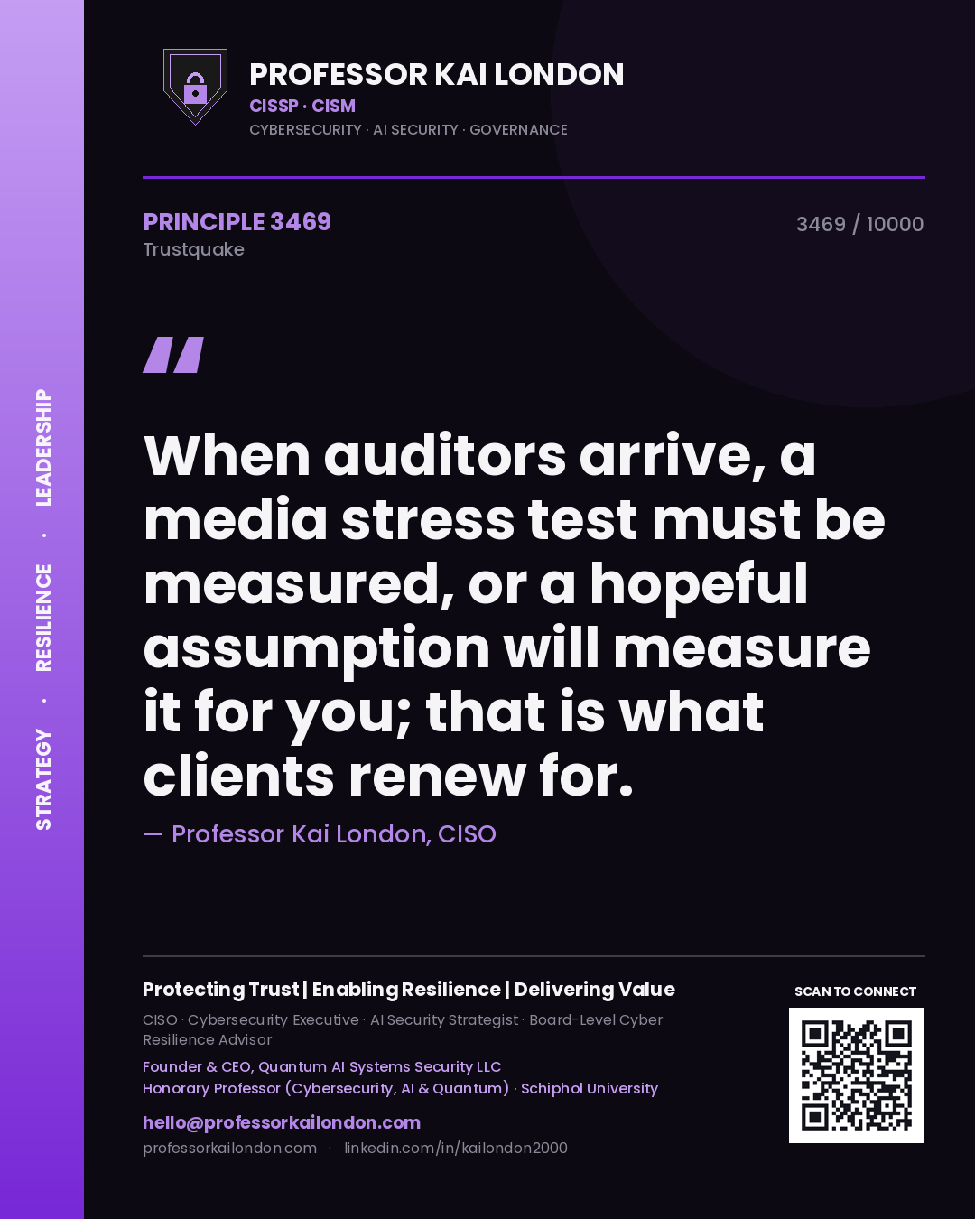 Quote card by Professor Kai London reading 'When auditors arrive, a media stress test must be measured, or a hopeful assumption will measure it for you; that is what clients renew for.'. From the book Trustquake.