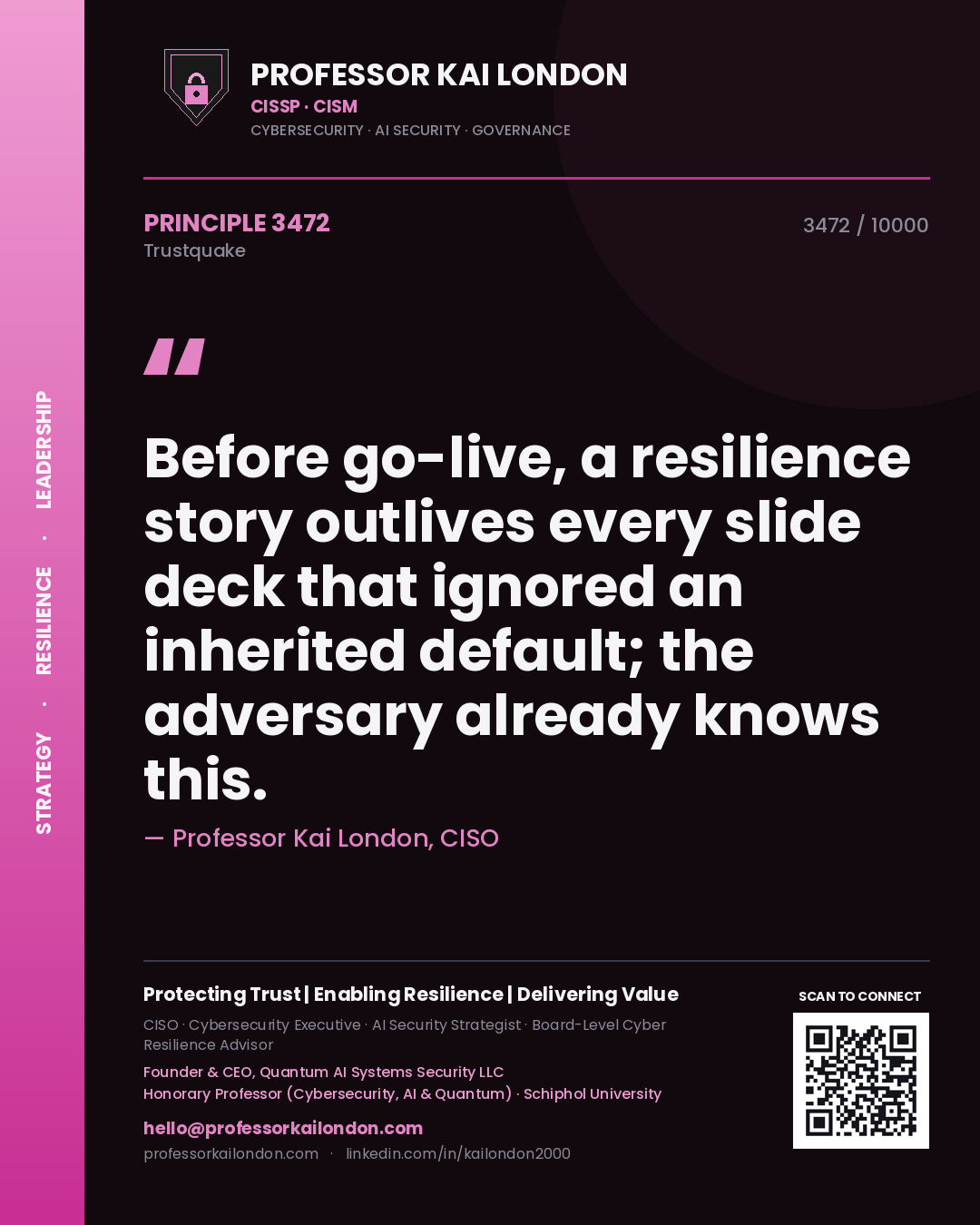 Quote card by Professor Kai London reading 'Before go-live, a resilience story outlives every slide deck that ignored an inherited default; the adversary already knows this.'. From the book Trustquake.