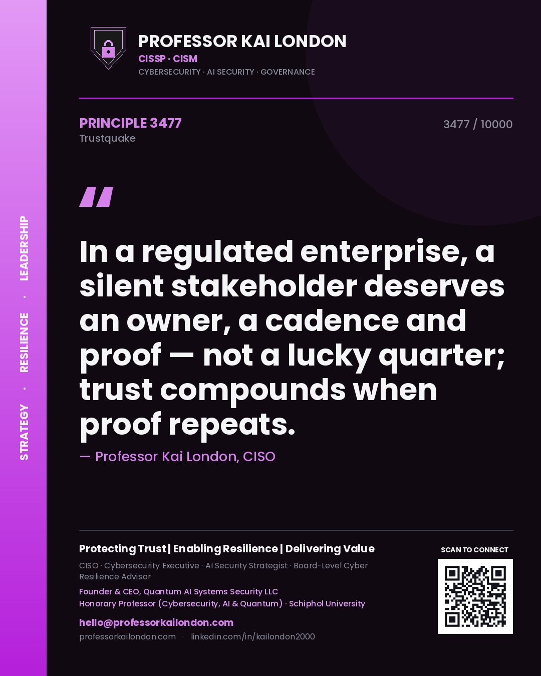 Quote card by Professor Kai London reading 'In a regulated enterprise, a silent stakeholder deserves an owner, a cadence and proof — not a lucky quarter; trust compounds when proof repeats.'. From the book Trustquake.
