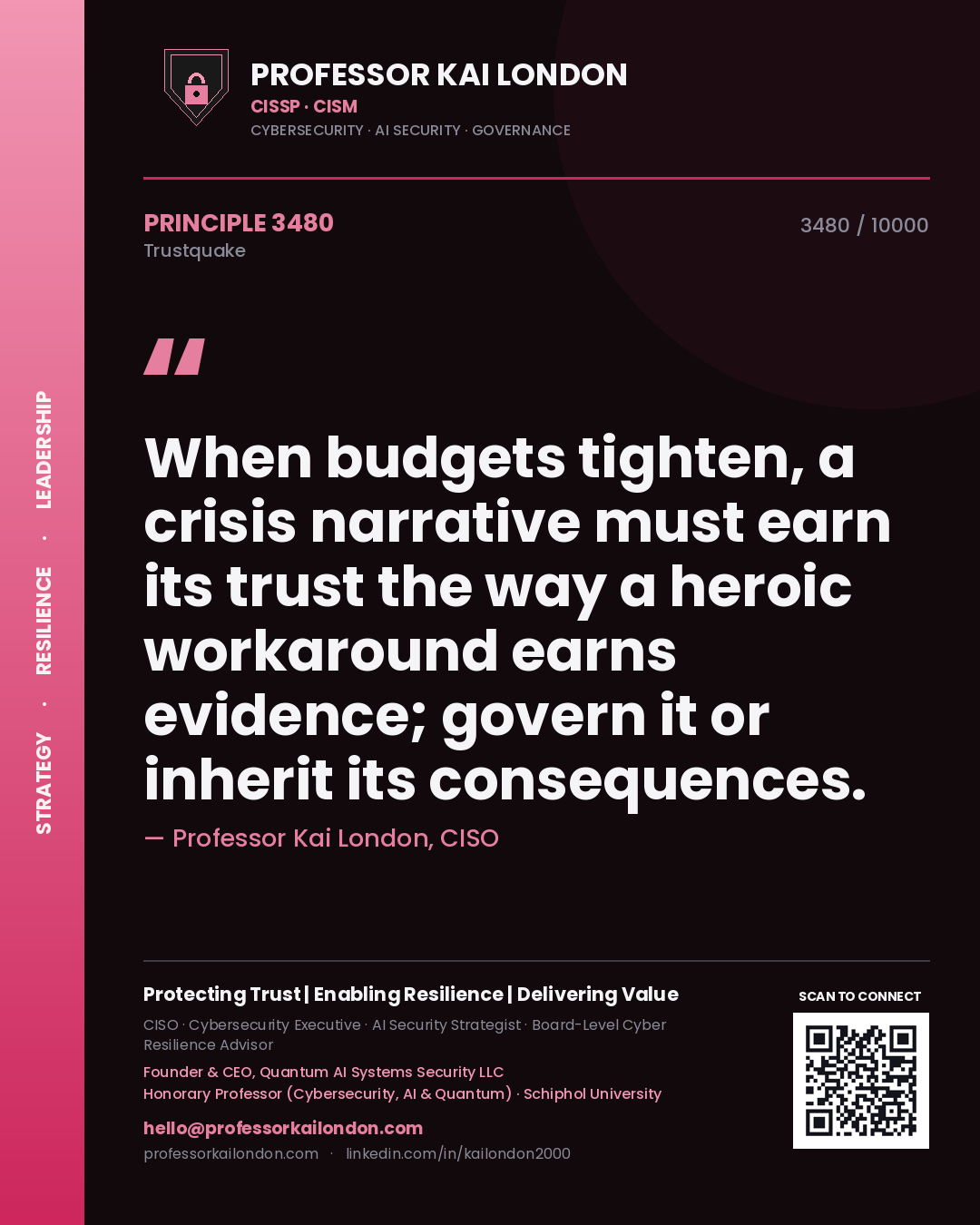 Professor Kai London principle 3480: When budgets tighten, a crisis narrative must earn its trust the way a heroic workaround earns evidence; govern it or inherit its consequences.