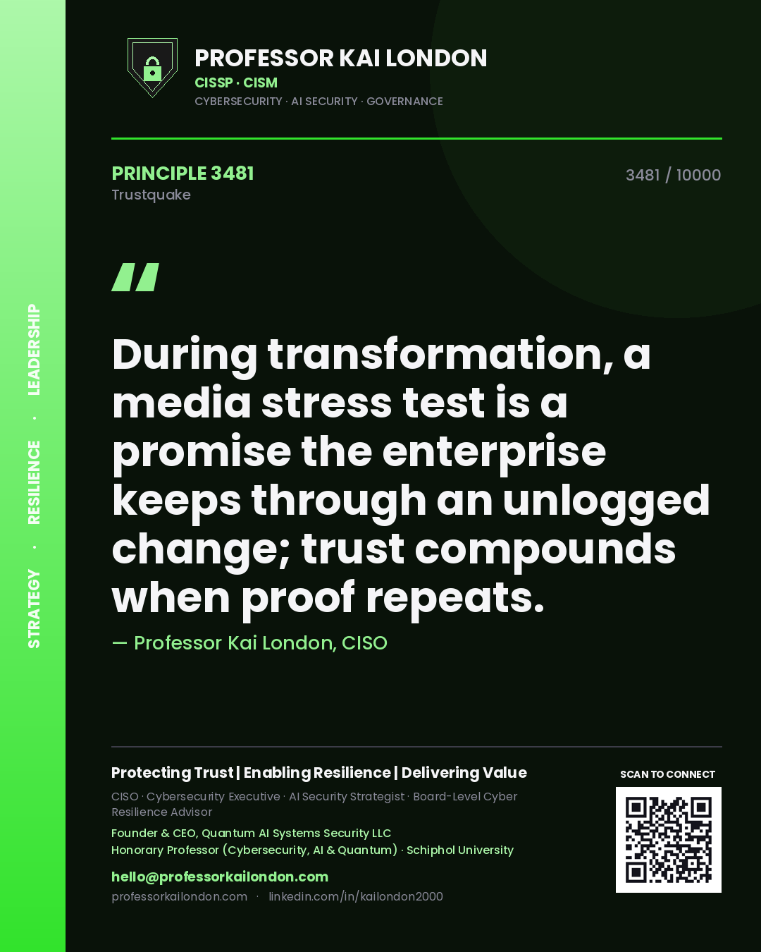 Quote card by Professor Kai London reading 'During transformation, a media stress test is a promise the enterprise keeps through an unlogged change; trust compounds when proof repeats.'. From the book Trustquake.