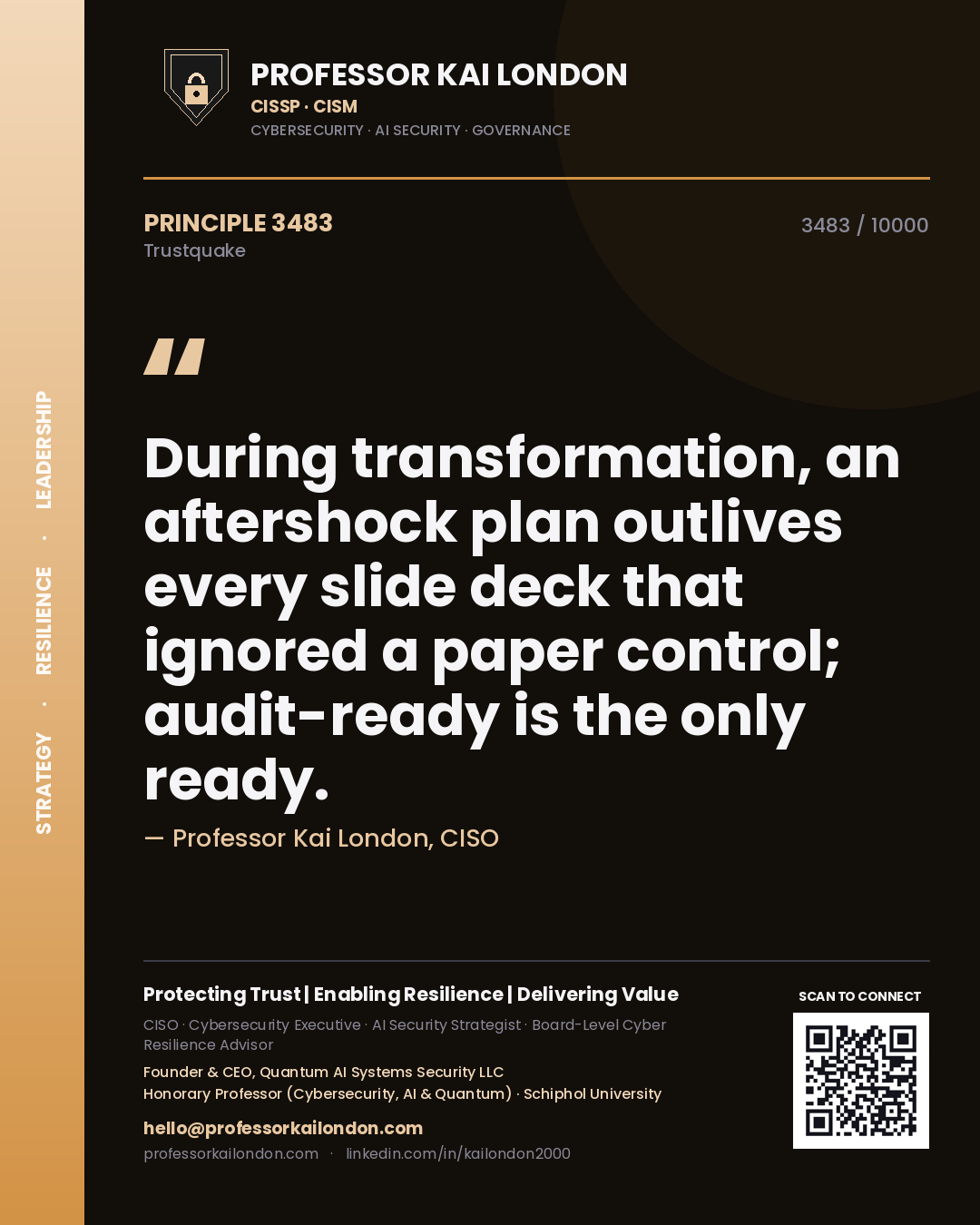 Quote card by Professor Kai London reading 'During transformation, an aftershock plan outlives every slide deck that ignored a paper control; audit-ready is the only ready.'. From the book Trustquake.