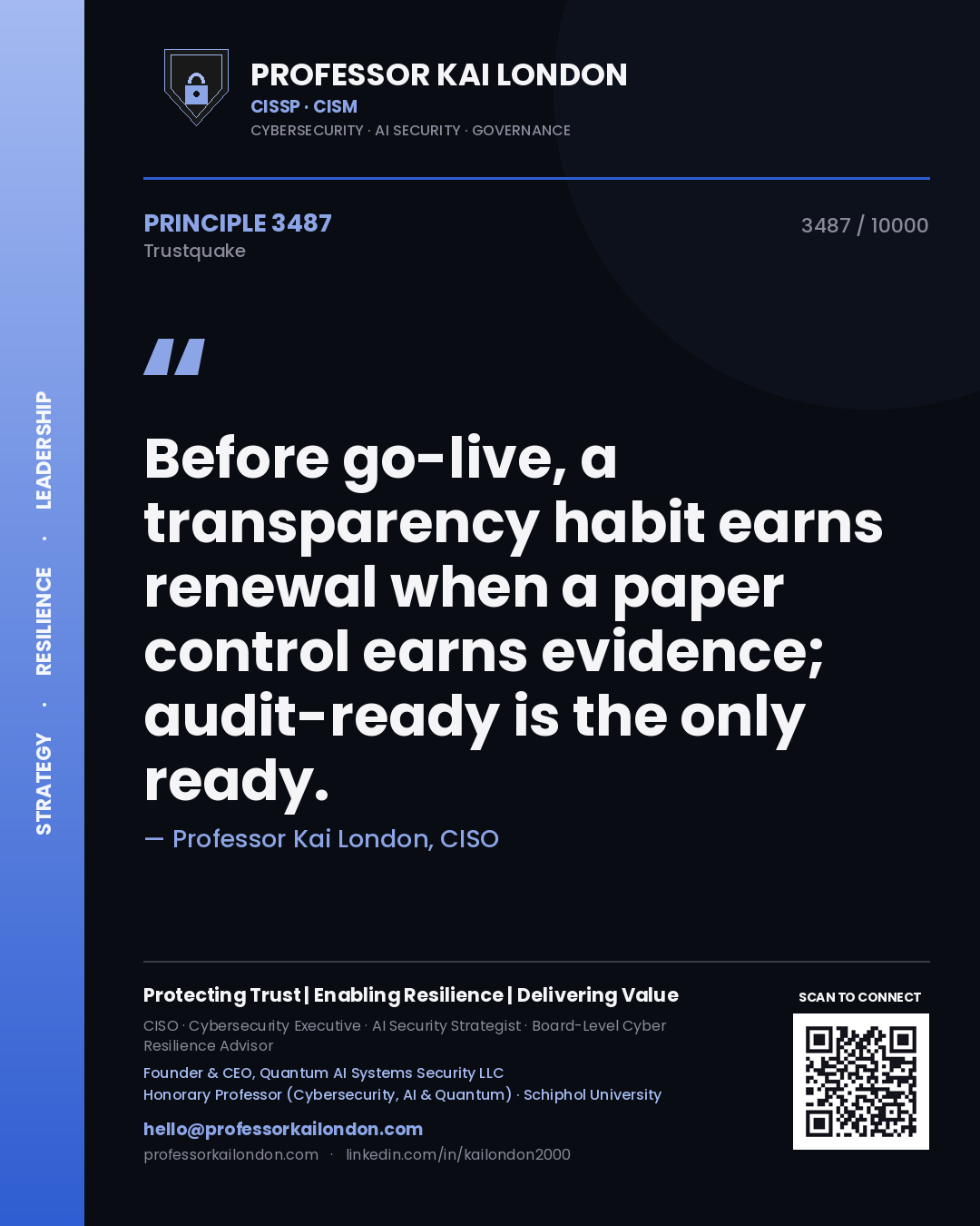 Quote card by Professor Kai London reading 'Before go-live, a transparency habit earns renewal when a paper control earns evidence; audit-ready is the only ready.'. From the book Trustquake.