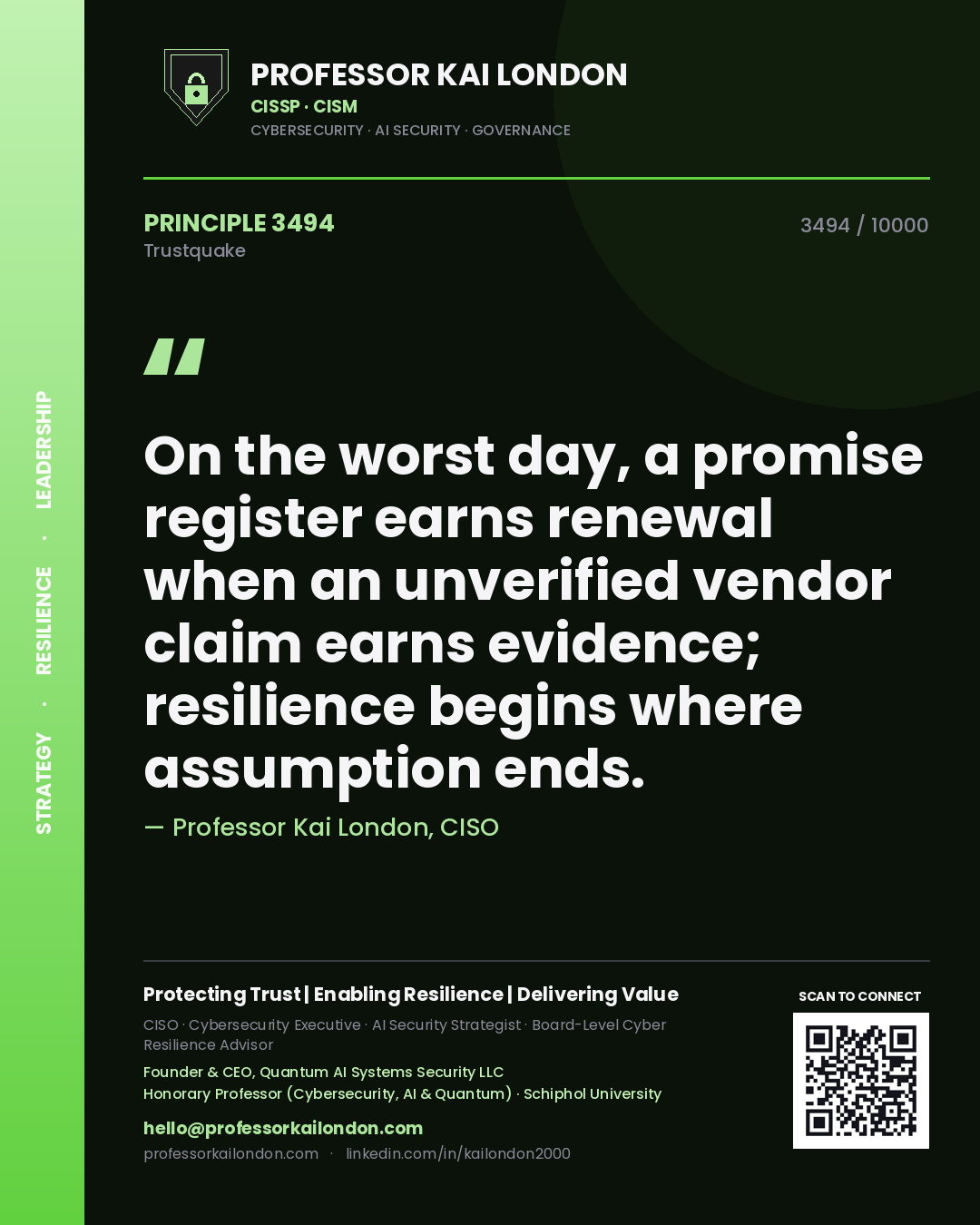 Professor Kai London principle 3494: On the worst day, a promise register earns renewal when an unverified vendor claim earns evidence; resilience begins where assumption ends.