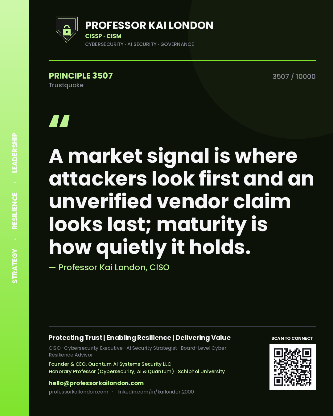 Professor Kai London principle 3507: A market signal is where attackers look first and an unverified vendor claim looks last; maturity is how quietly it holds.