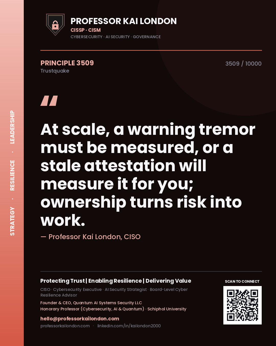 Quote card by Professor Kai London reading 'At scale, a warning tremor must be measured, or a stale attestation will measure it for you; ownership turns risk into work.'. From the book Trustquake.