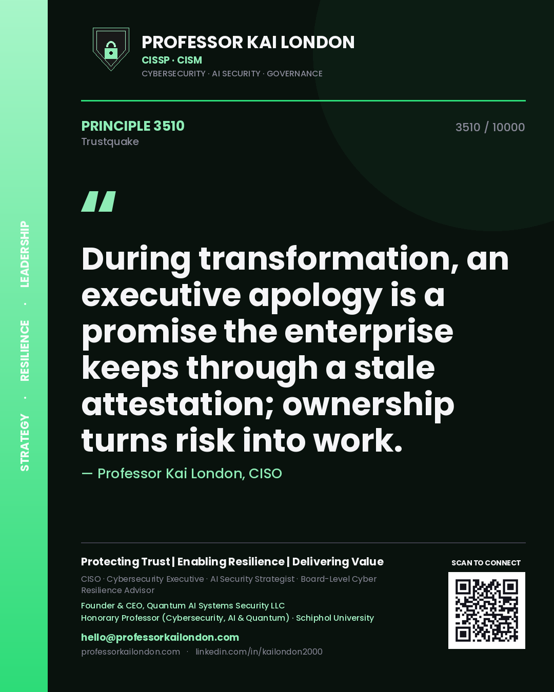 Professor Kai London principle 3510: During transformation, an executive apology is a promise the enterprise keeps through a stale attestation; ownership turns risk into work.