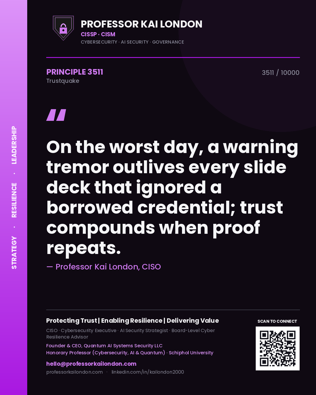 Professor Kai London principle 3511: On the worst day, a warning tremor outlives every slide deck that ignored a borrowed credential; trust compounds when proof repeats.