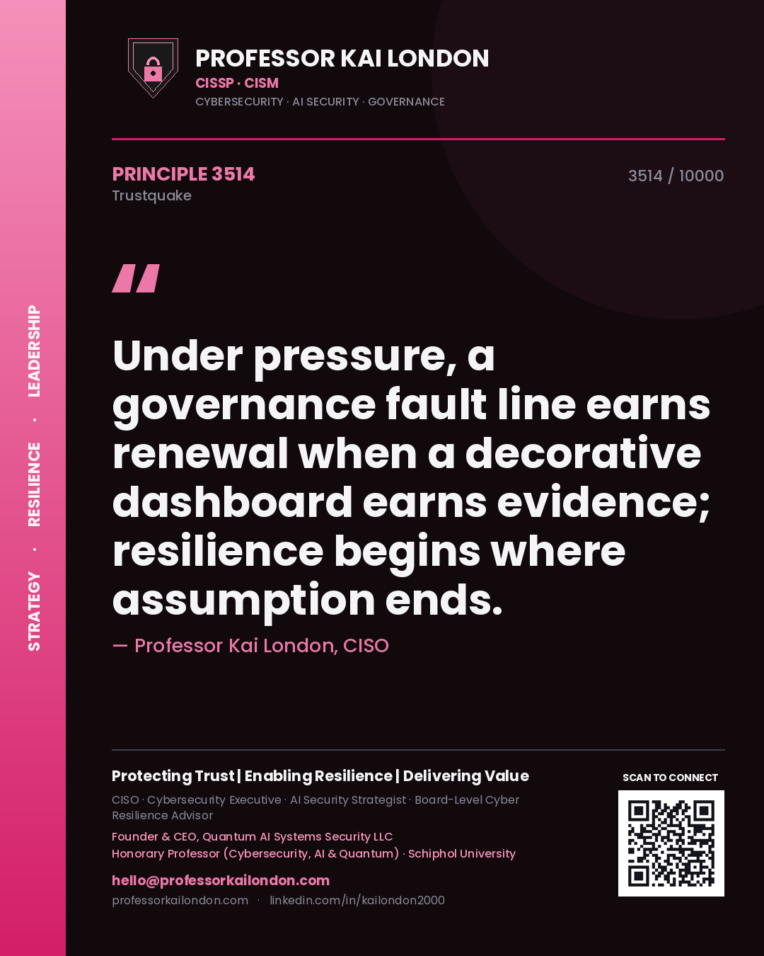 Professor Kai London principle 3514: Under pressure, a governance fault line earns renewal when a decorative dashboard earns evidence; resilience begins where assumption ends.