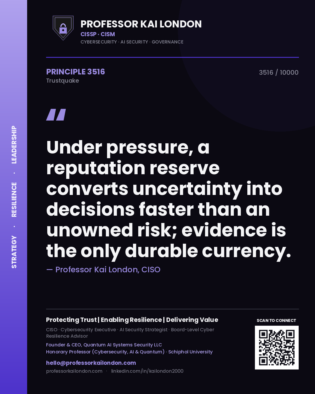 Quote card by Professor Kai London reading 'Under pressure, a reputation reserve converts uncertainty into decisions faster than an unowned risk; evidence is the only durable currency.'. From the book Trustquake.