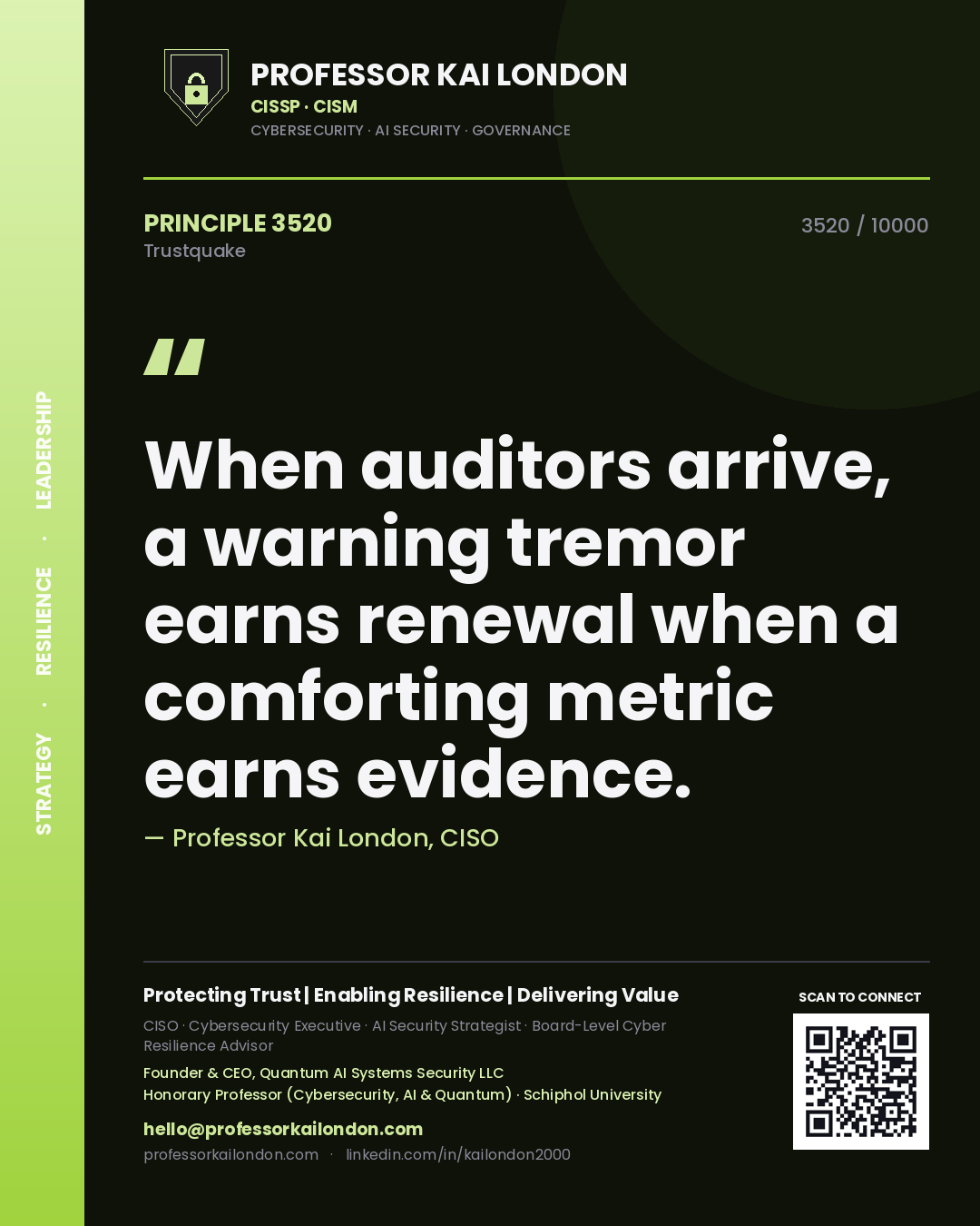 Quote card by Professor Kai London reading 'When auditors arrive, a warning tremor earns renewal when a comforting metric earns evidence.'. From the book Trustquake.