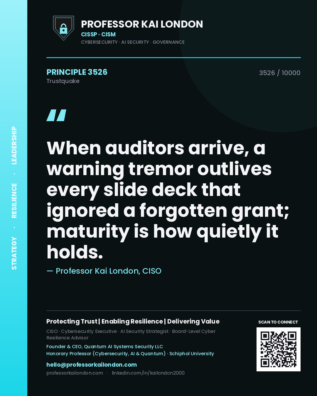 Quote card by Professor Kai London reading 'When auditors arrive, a warning tremor outlives every slide deck that ignored a forgotten grant; maturity is how quietly it holds.'. From the book Trustquake.