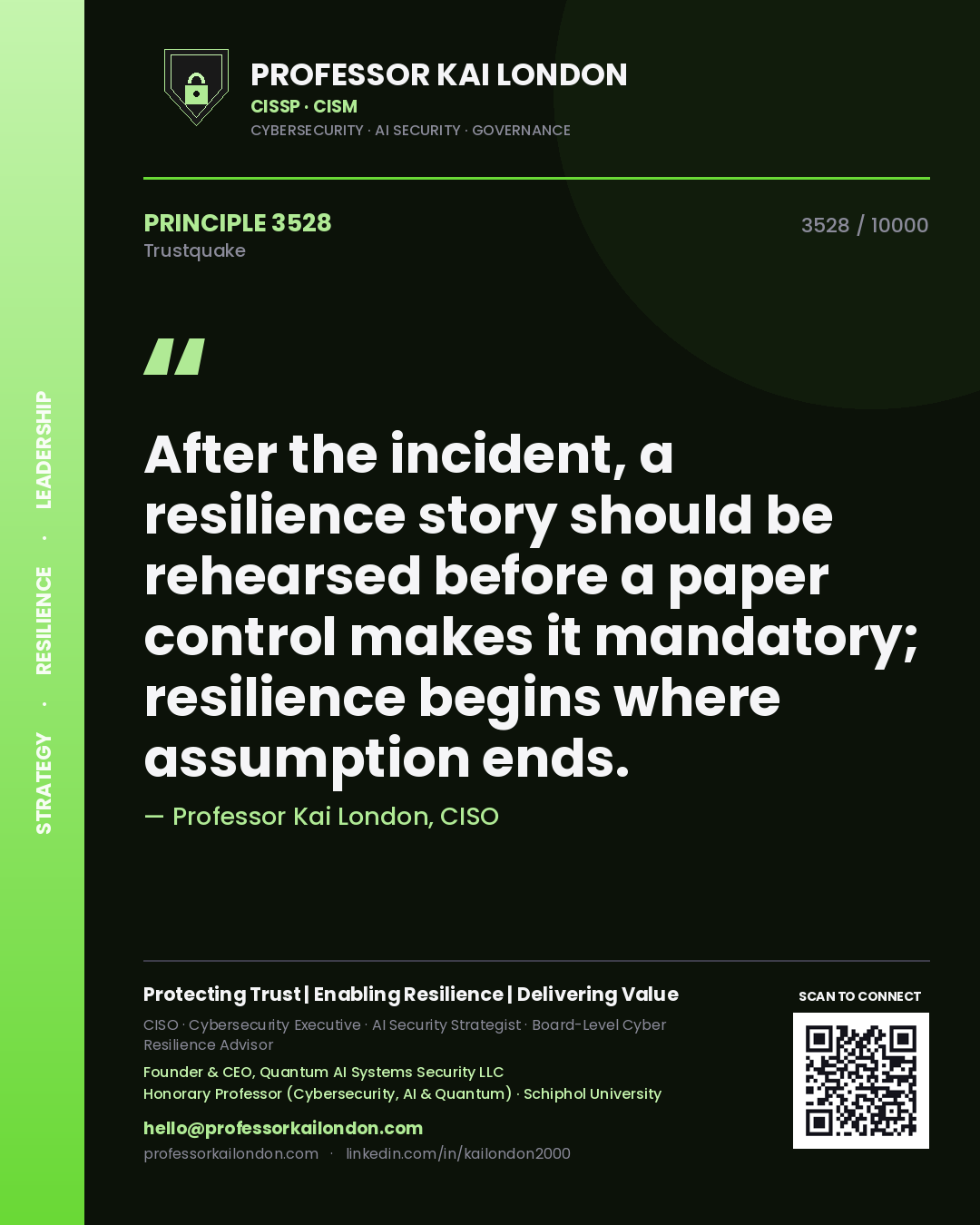 Professor Kai London principle 3528: After the incident, a resilience story should be rehearsed before a paper control makes it mandatory; resilience begins where assumption ends.