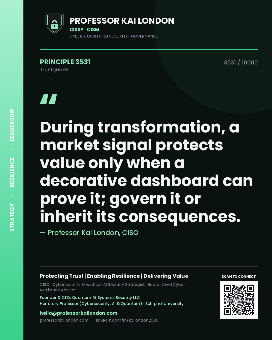 Professor Kai London principle 3531: During transformation, a market signal protects value only when a decorative dashboard can prove it; govern it or inherit its consequences.