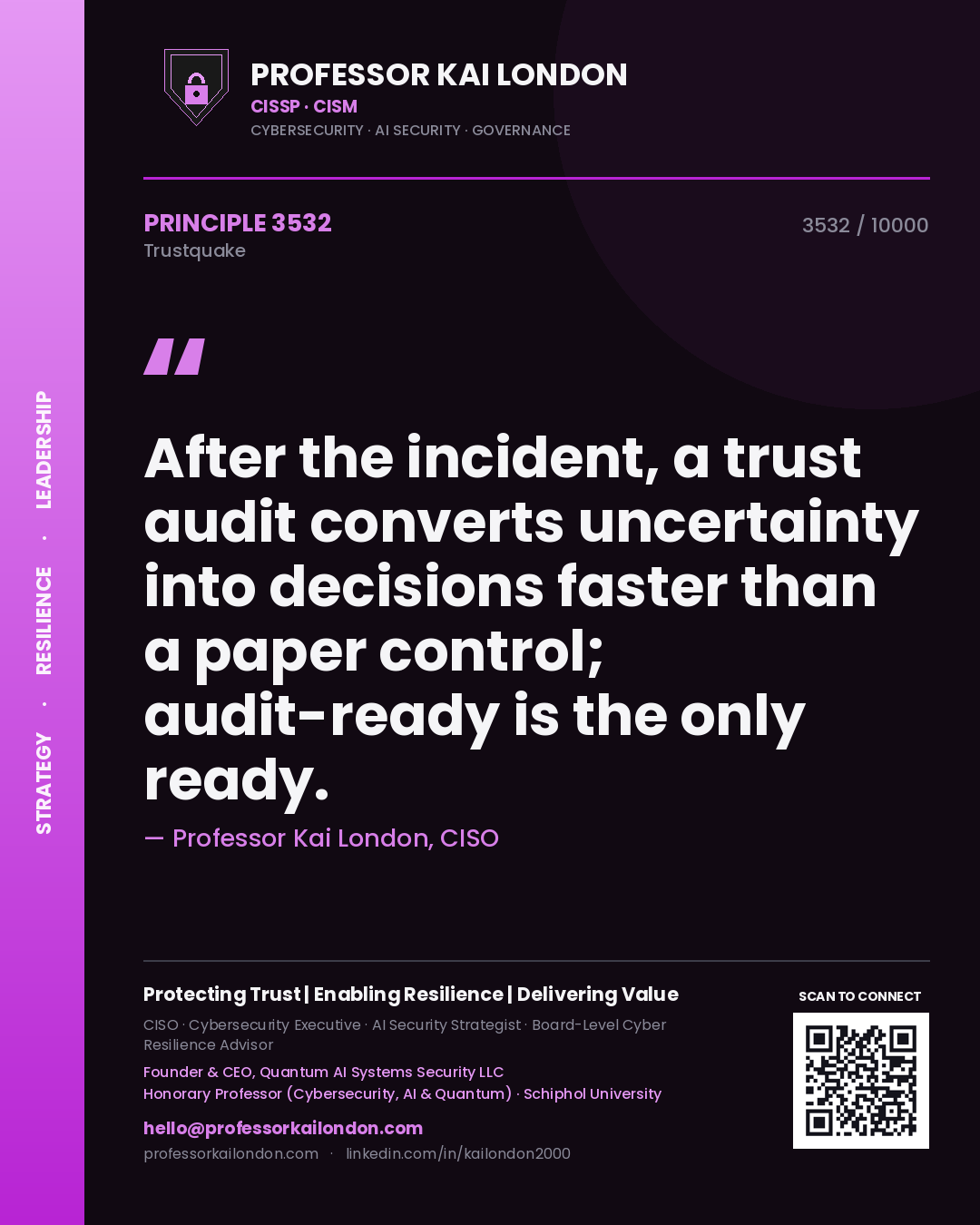 Professor Kai London principle 3532: After the incident, a trust audit converts uncertainty into decisions faster than a paper control; audit-ready is the only ready.