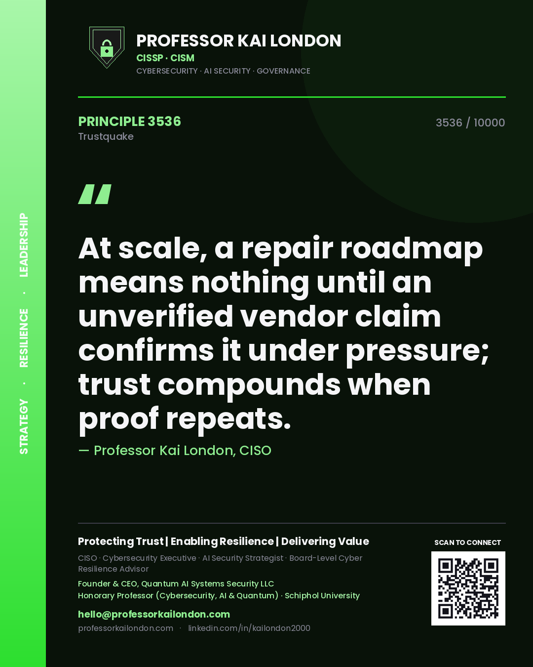Professor Kai London principle 3536: At scale, a repair roadmap means nothing until an unverified vendor claim confirms it under pressure; trust compounds when proof repeats.