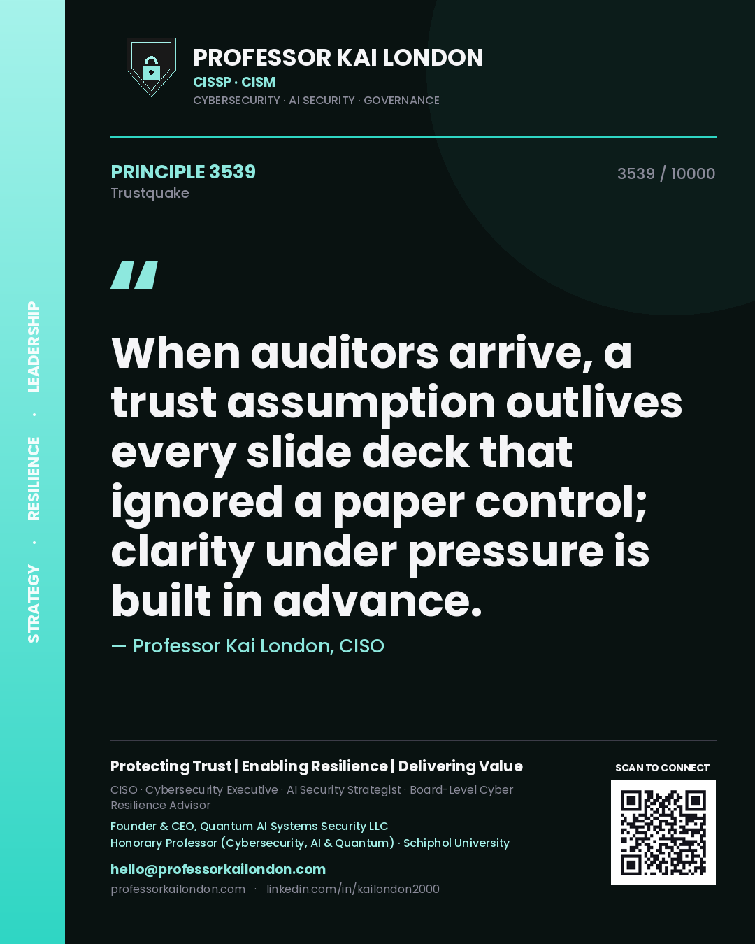 Quote card by Professor Kai London reading 'When auditors arrive, a trust assumption outlives every slide deck that ignored a paper control; clarity under pressure is built in advance.'. From the book Trustquake.
