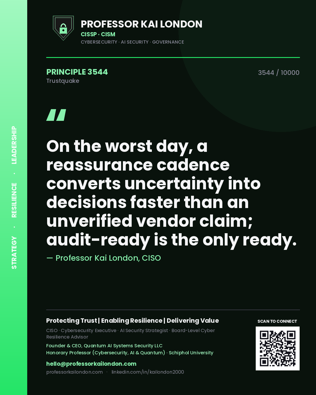 Quote card by Professor Kai London reading 'On the worst day, a reassurance cadence converts uncertainty into decisions faster than an unverified vendor claim; audit-ready is the only ready.'. From the book Trustquake.