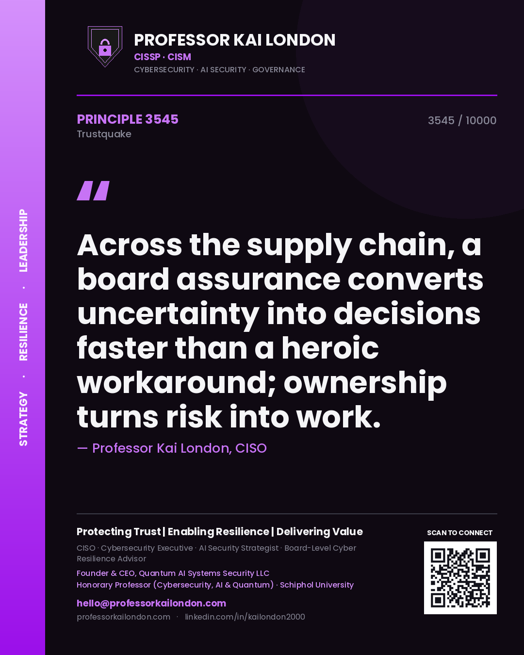 Professor Kai London principle 3545: Across the supply chain, a board assurance converts uncertainty into decisions faster than a heroic workaround; ownership turns risk into work.