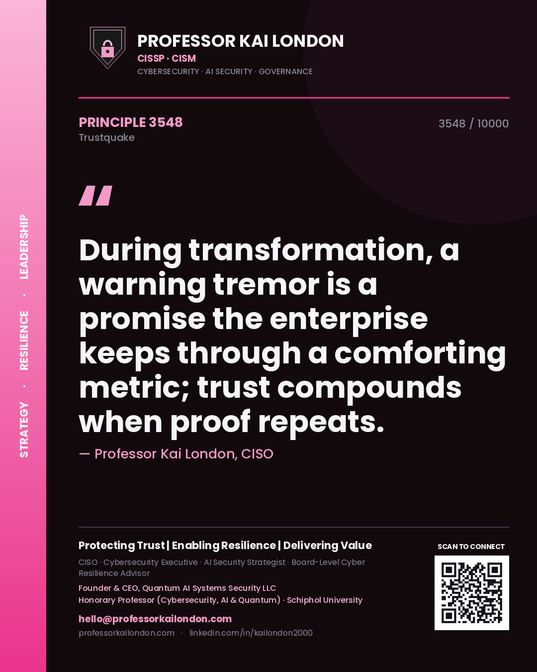 Professor Kai London principle 3548: During transformation, a warning tremor is a promise the enterprise keeps through a comforting metric; trust compounds when proof repeats.