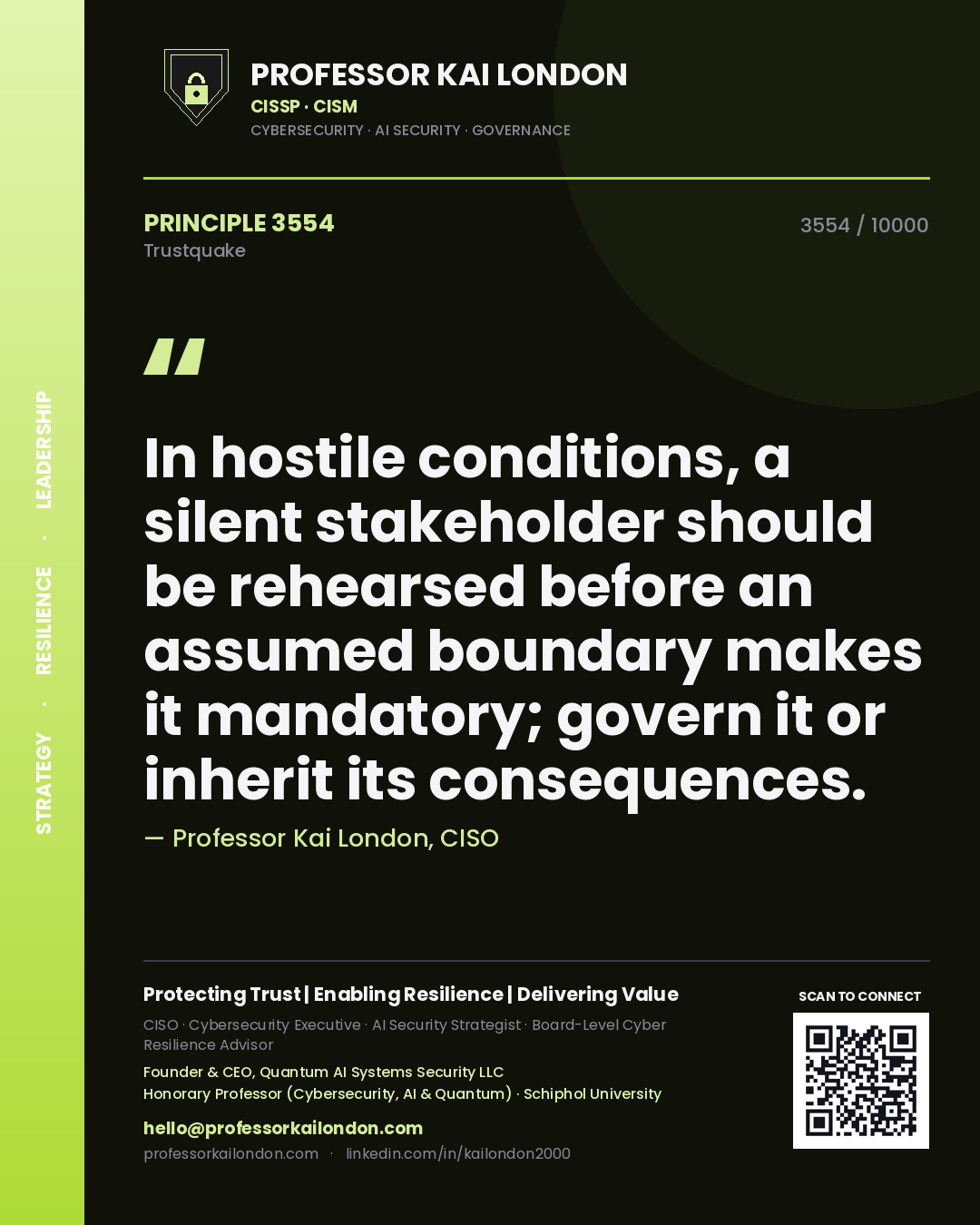Quote card by Professor Kai London reading 'In hostile conditions, a silent stakeholder should be rehearsed before an assumed boundary makes it mandatory; govern it or inherit its consequences.'. From the book Trustquake.