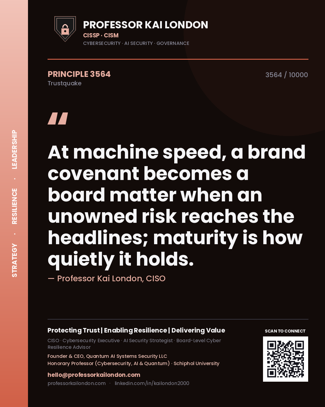 Professor Kai London principle 3564: At machine speed, a brand covenant becomes a board matter when an unowned risk reaches the headlines; maturity is how quietly it holds.