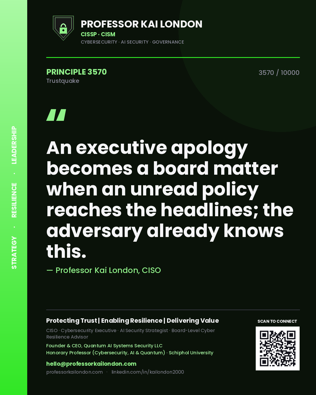 Professor Kai London principle 3570: An executive apology becomes a board matter when an unread policy reaches the headlines; the adversary already knows this.