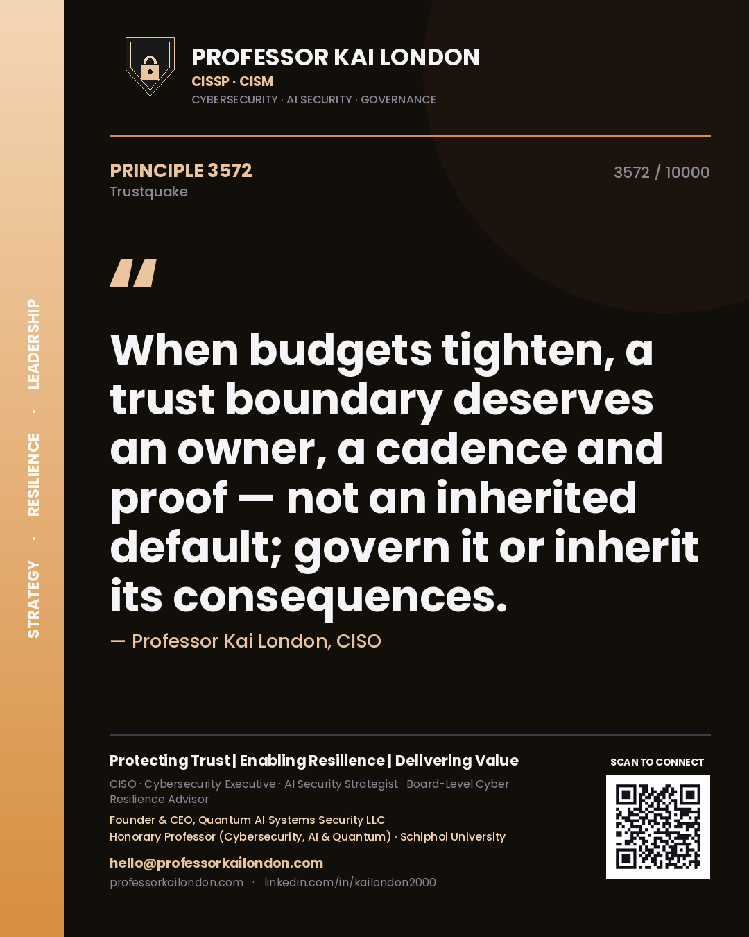Professor Kai London principle 3572: When budgets tighten, a trust boundary deserves an owner, a cadence and proof — not an inherited default; govern it or inherit its consequences.