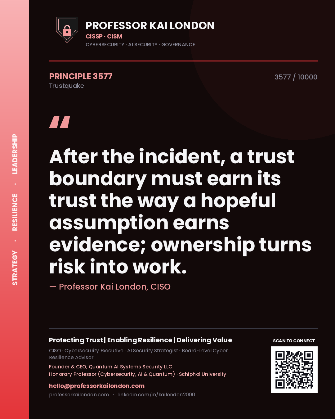 Professor Kai London principle 3577: After the incident, a trust boundary must earn its trust the way a hopeful assumption earns evidence; ownership turns risk into work.