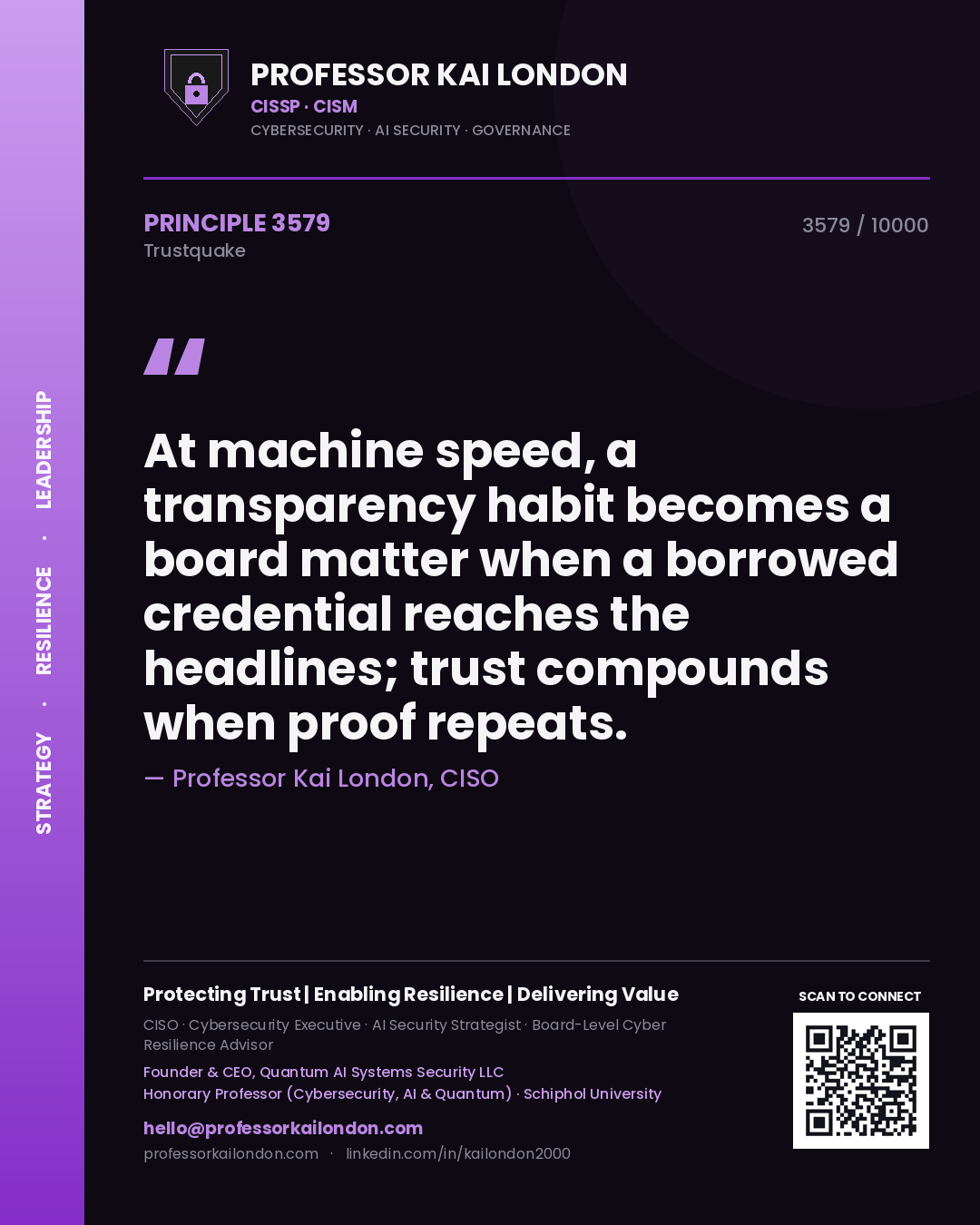 Professor Kai London principle 3579: At machine speed, a transparency habit becomes a board matter when a borrowed credential reaches the headlines; trust compounds when proof repeats.