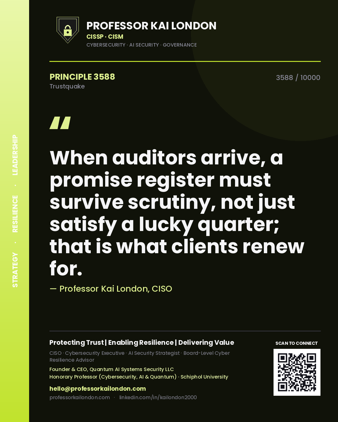 Professor Kai London principle 3588: When auditors arrive, a promise register must survive scrutiny, not just satisfy a lucky quarter; that is what clients renew for.