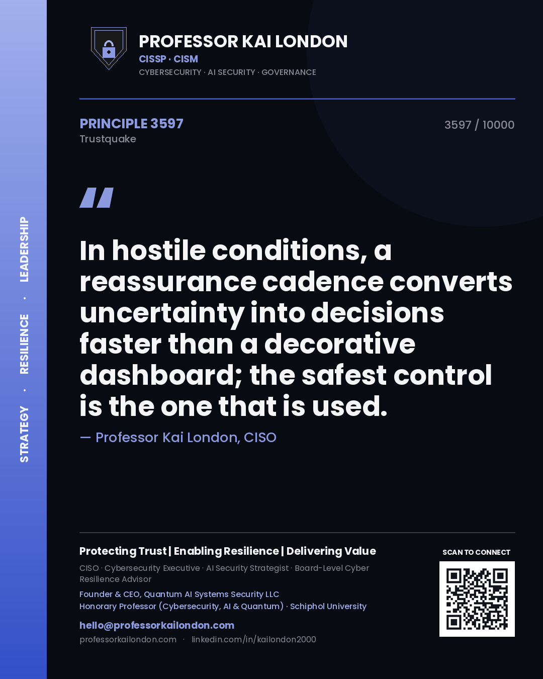 Professor Kai London principle 3597: In hostile conditions, a reassurance cadence converts uncertainty into decisions faster than a decorative dashboard; the safest control is the one that is used.