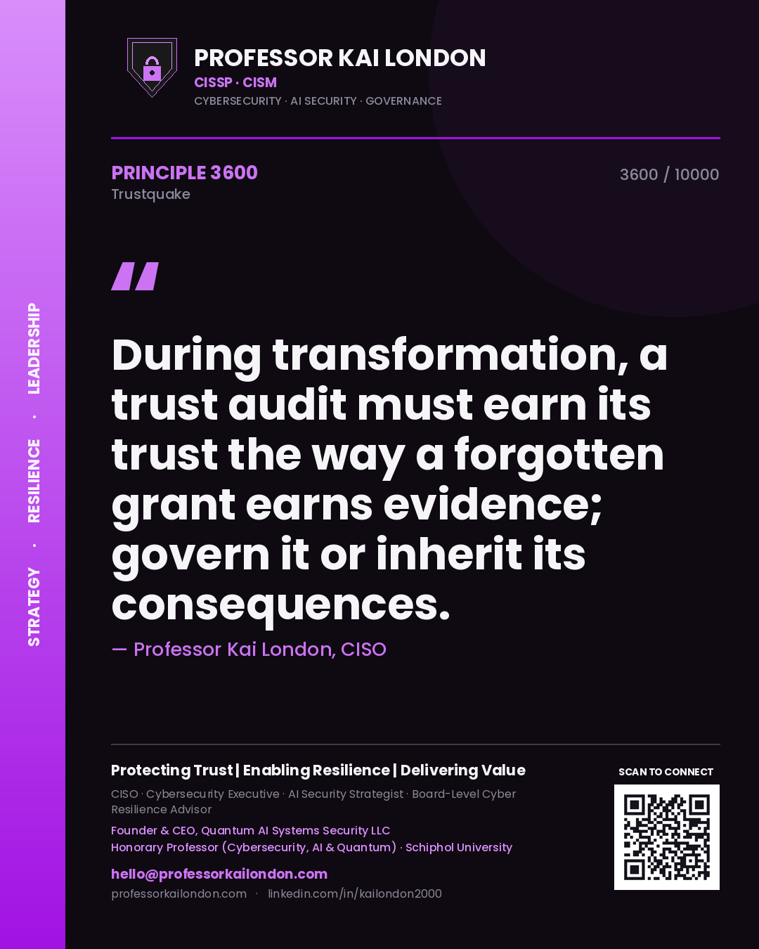 Professor Kai London principle 3600: During transformation, a trust audit must earn its trust the way a forgotten grant earns evidence; govern it or inherit its consequences.
