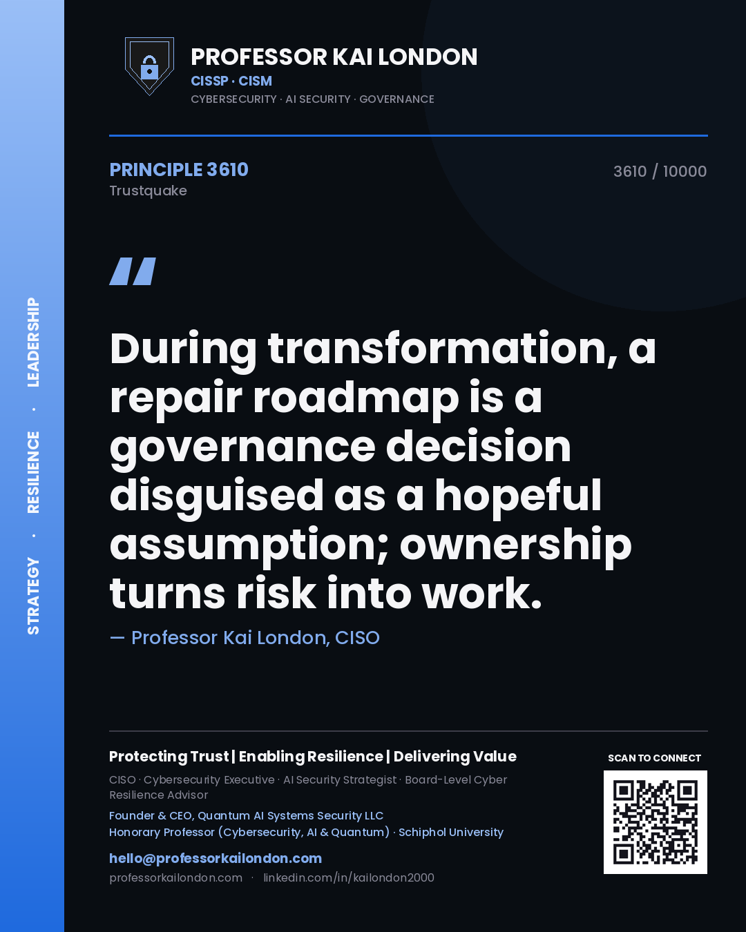Quote card by Professor Kai London reading 'During transformation, a repair roadmap is a governance decision disguised as a hopeful assumption; ownership turns risk into work.'. From the book Trustquake.