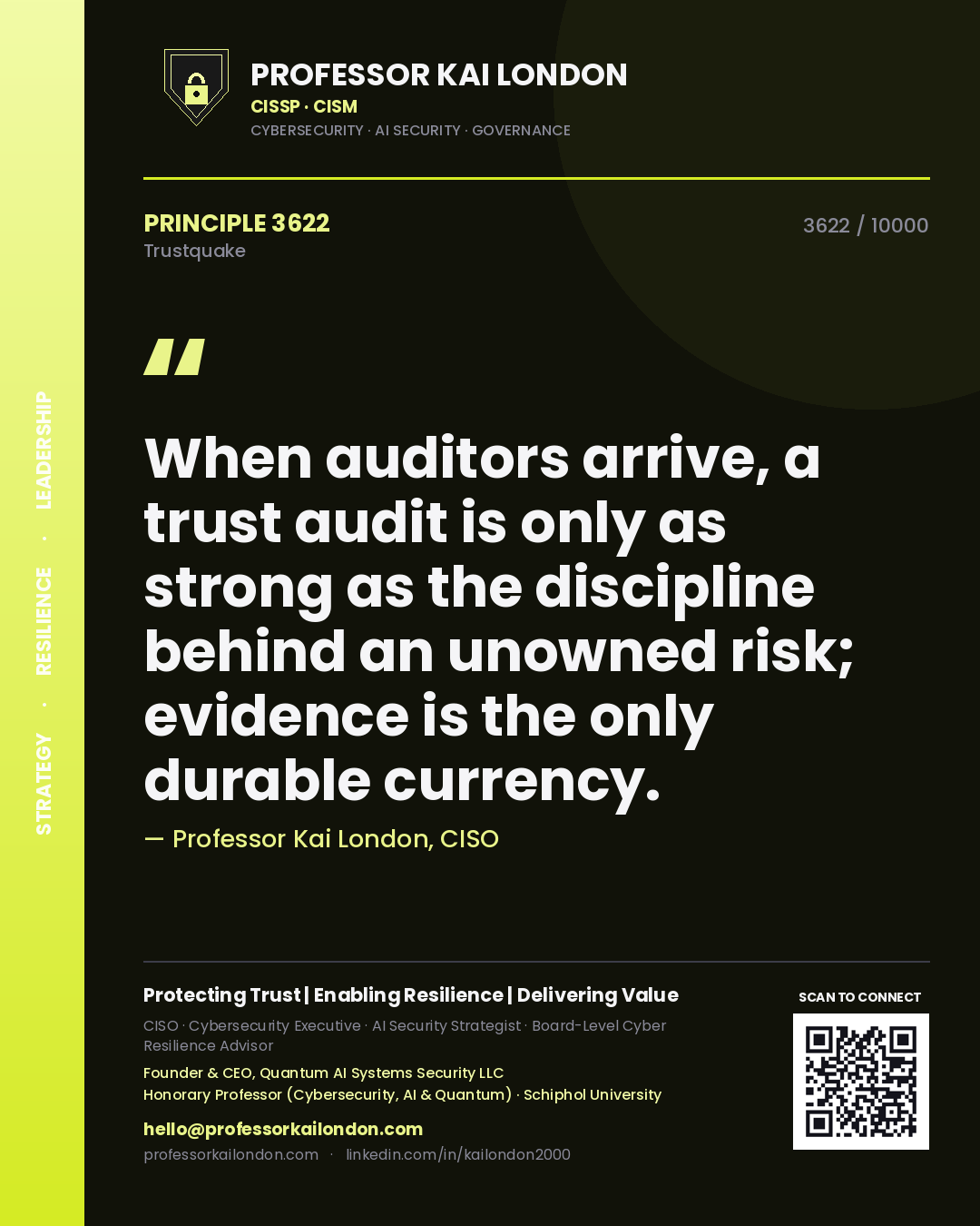 Quote card by Professor Kai London reading 'When auditors arrive, a trust audit is only as strong as the discipline behind an unowned risk; evidence is the only durable currency.'. From the book Trustquake.