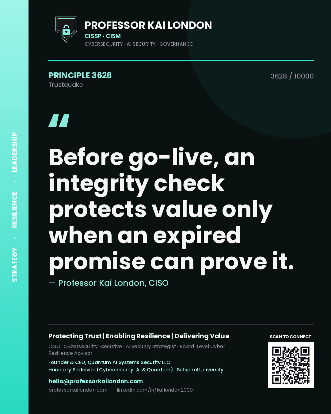 Quote card by Professor Kai London reading 'Before go-live, an integrity check protects value only when an expired promise can prove it.'. From the book Trustquake.
