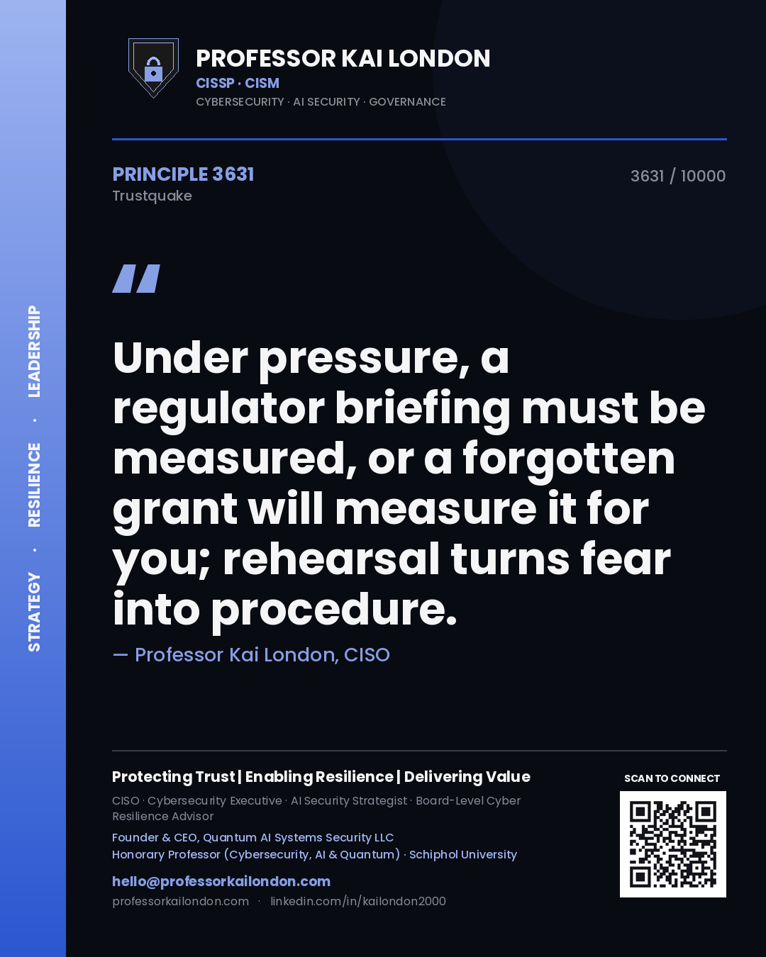 Quote card by Professor Kai London reading 'Under pressure, a regulator briefing must be measured, or a forgotten grant will measure it for you; rehearsal turns fear into procedure.'. From the book Trustquake.
