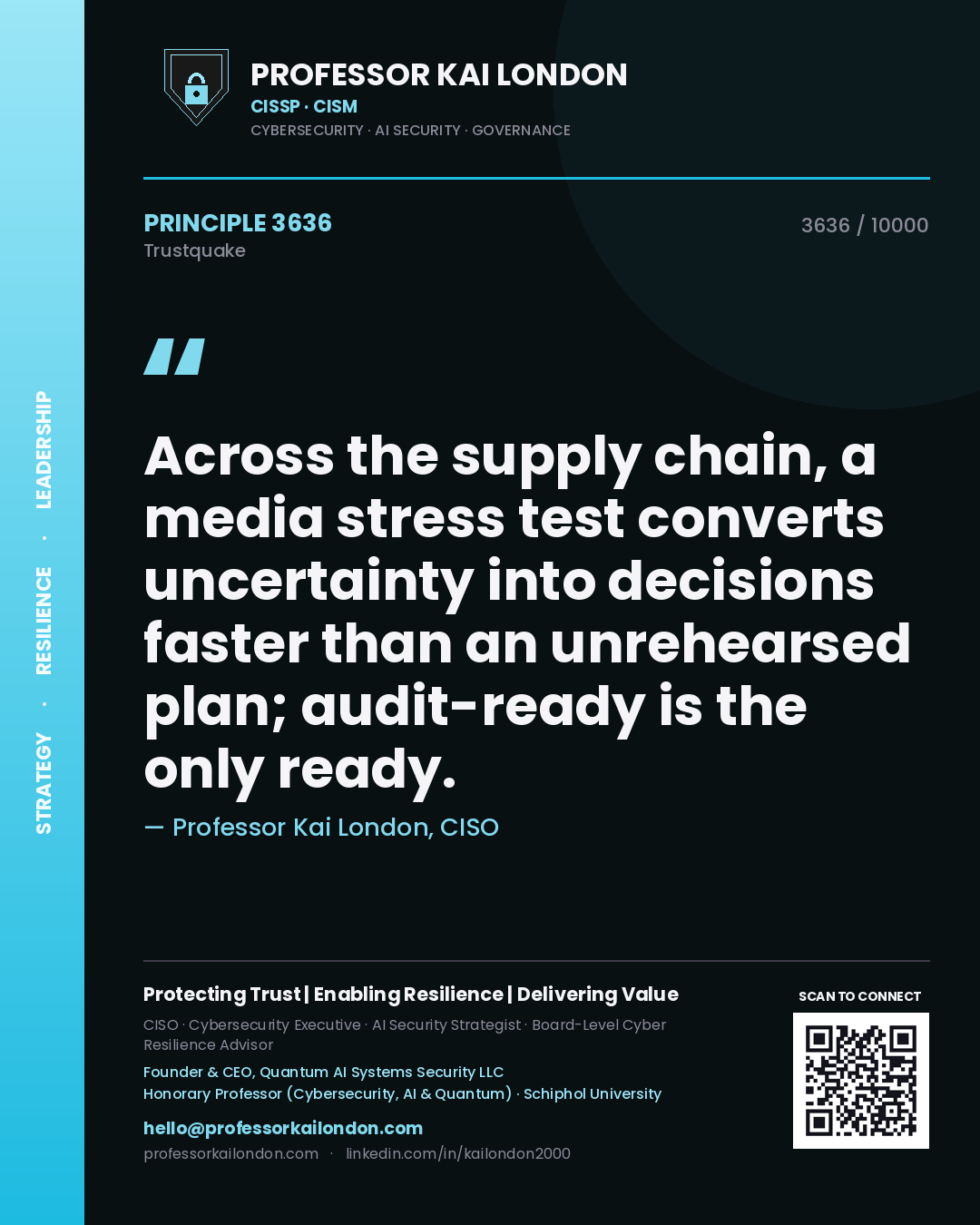 Professor Kai London principle 3636: Across the supply chain, a media stress test converts uncertainty into decisions faster than an unrehearsed plan; audit-ready is the only ready.