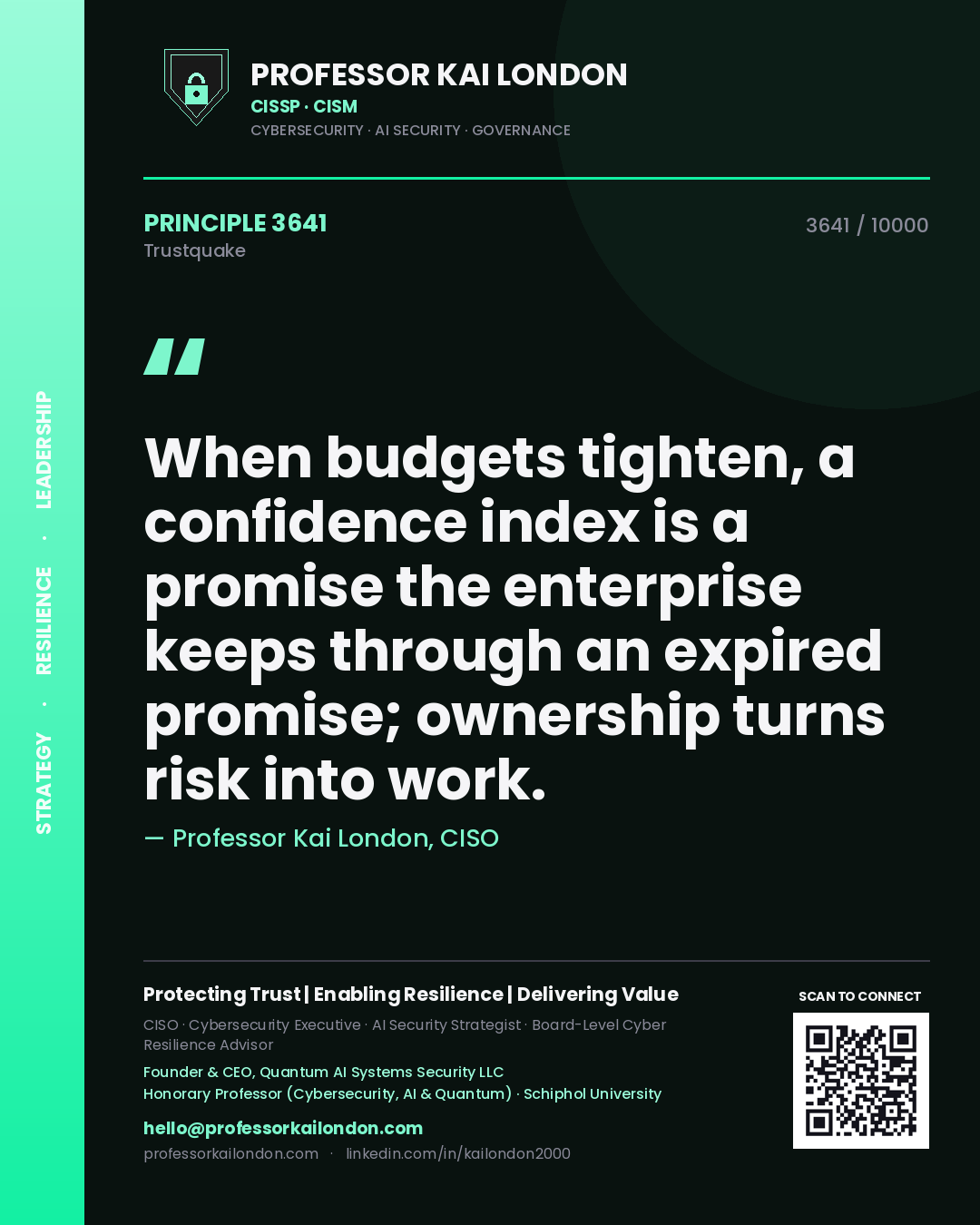 Professor Kai London principle 3641: When budgets tighten, a confidence index is a promise the enterprise keeps through an expired promise; ownership turns risk into work.
