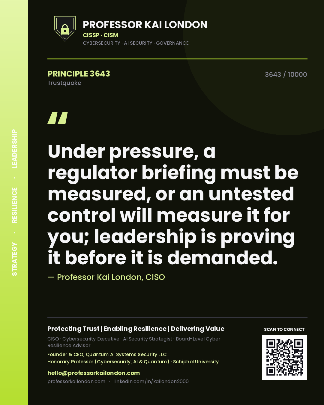 Quote card by Professor Kai London reading 'Under pressure, a regulator briefing must be measured, or an untested control will measure it for you; leadership is proving it before it is demanded.'. From the book Trustquake.