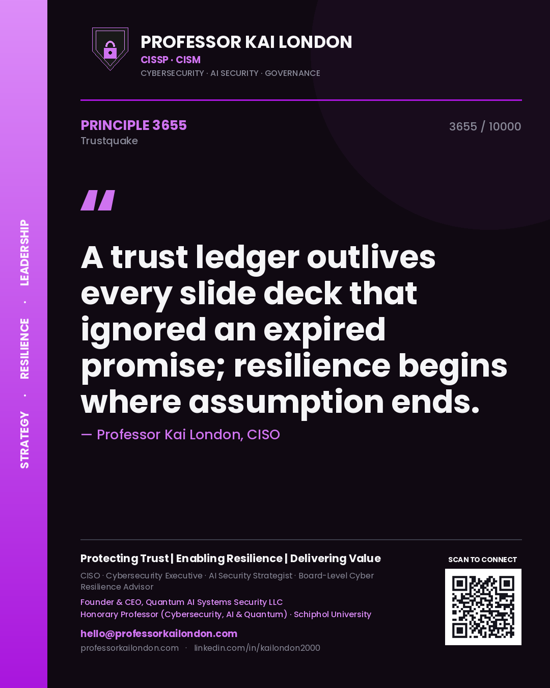 Quote card by Professor Kai London reading 'A trust ledger outlives every slide deck that ignored an expired promise; resilience begins where assumption ends.'. From the book Trustquake.