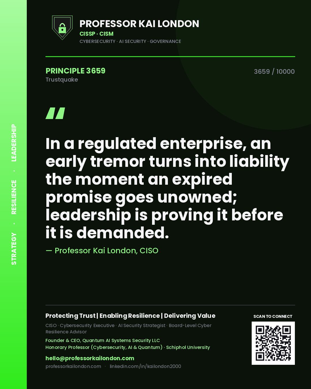Professor Kai London principle 3659: In a regulated enterprise, an early tremor turns into liability the moment an expired promise goes unowned; leadership is proving it before it is demanded.