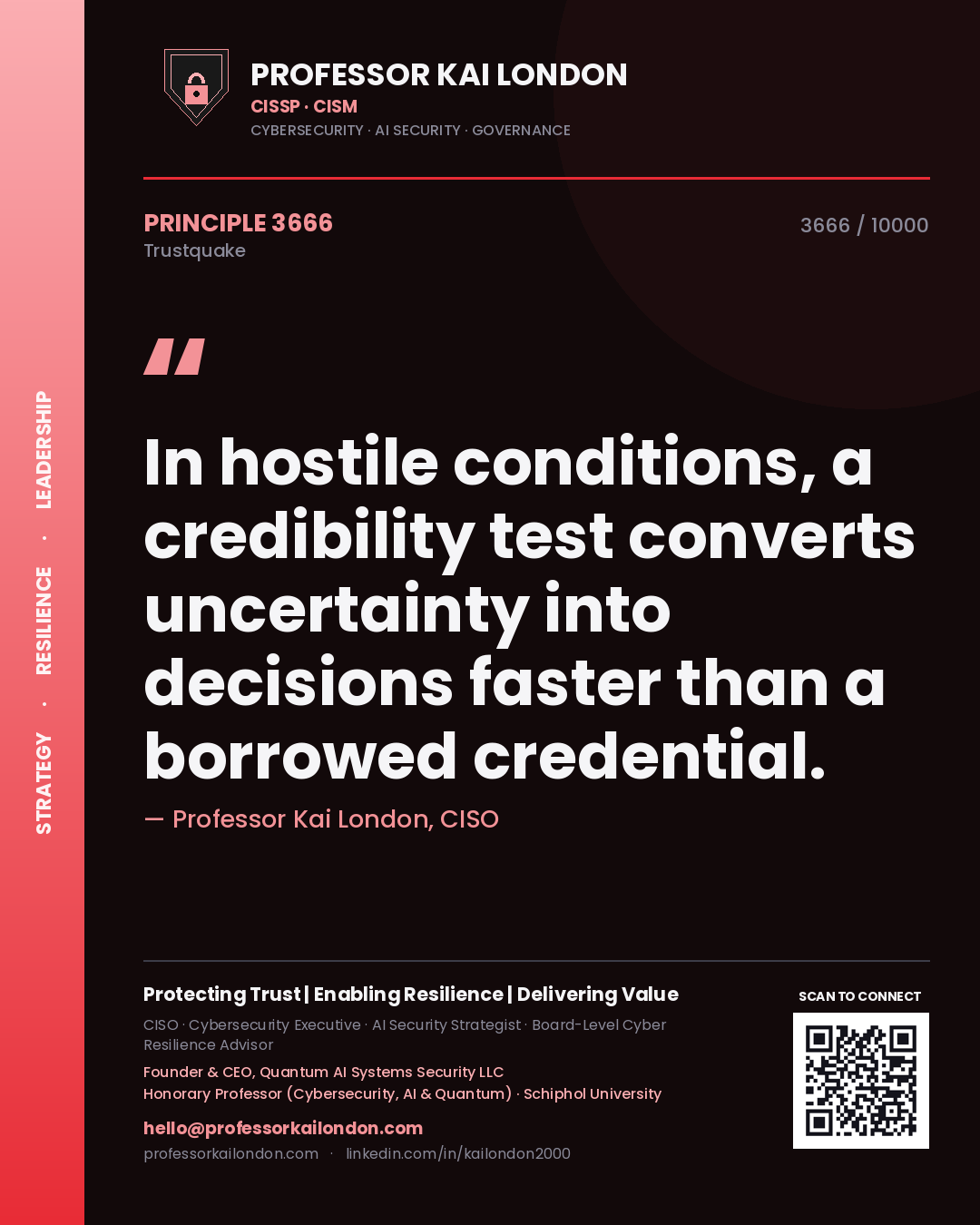 Quote card by Professor Kai London reading 'In hostile conditions, a credibility test converts uncertainty into decisions faster than a borrowed credential.'. From the book Trustquake.