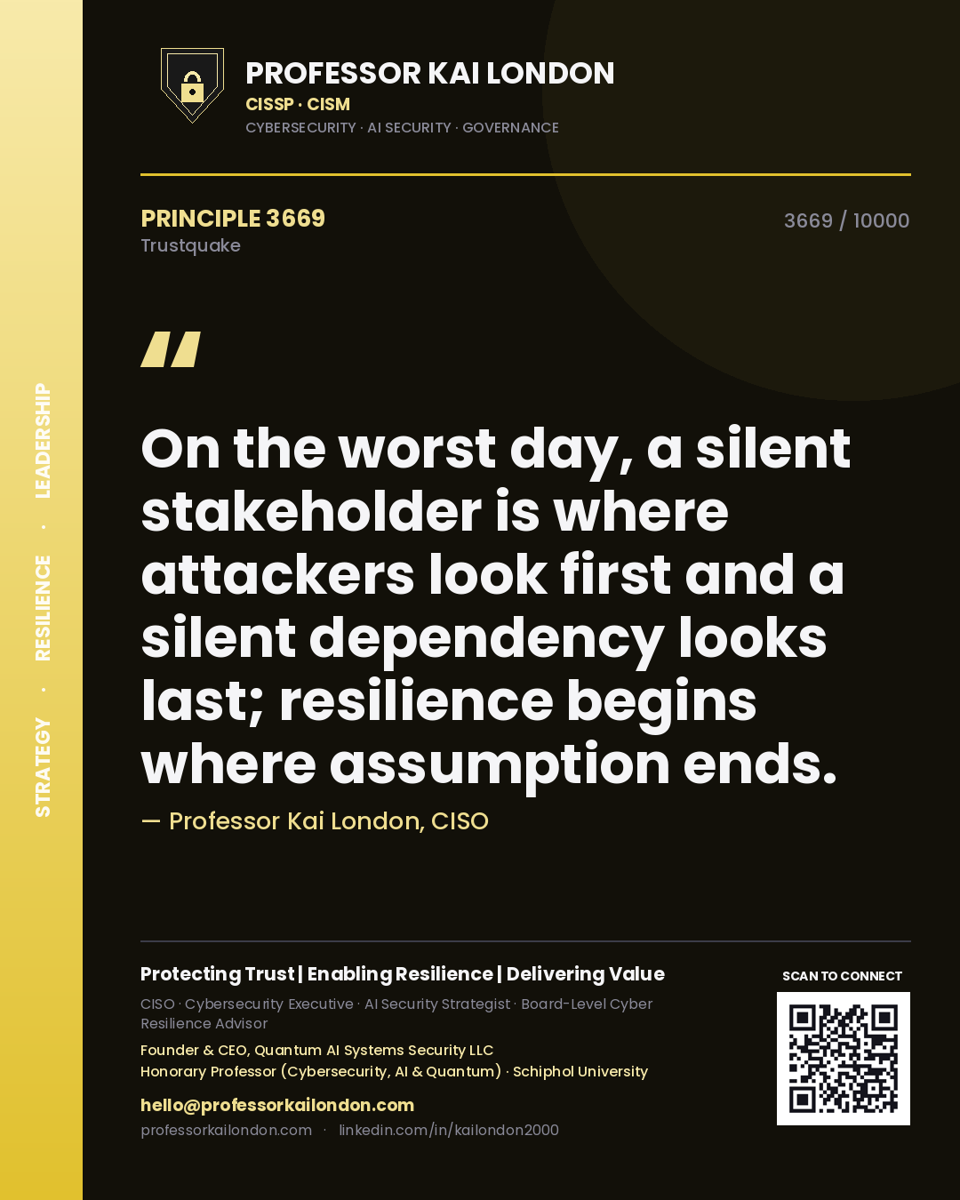 Professor Kai London principle 3669: On the worst day, a silent stakeholder is where attackers look first and a silent dependency looks last; resilience begins where assumption ends.