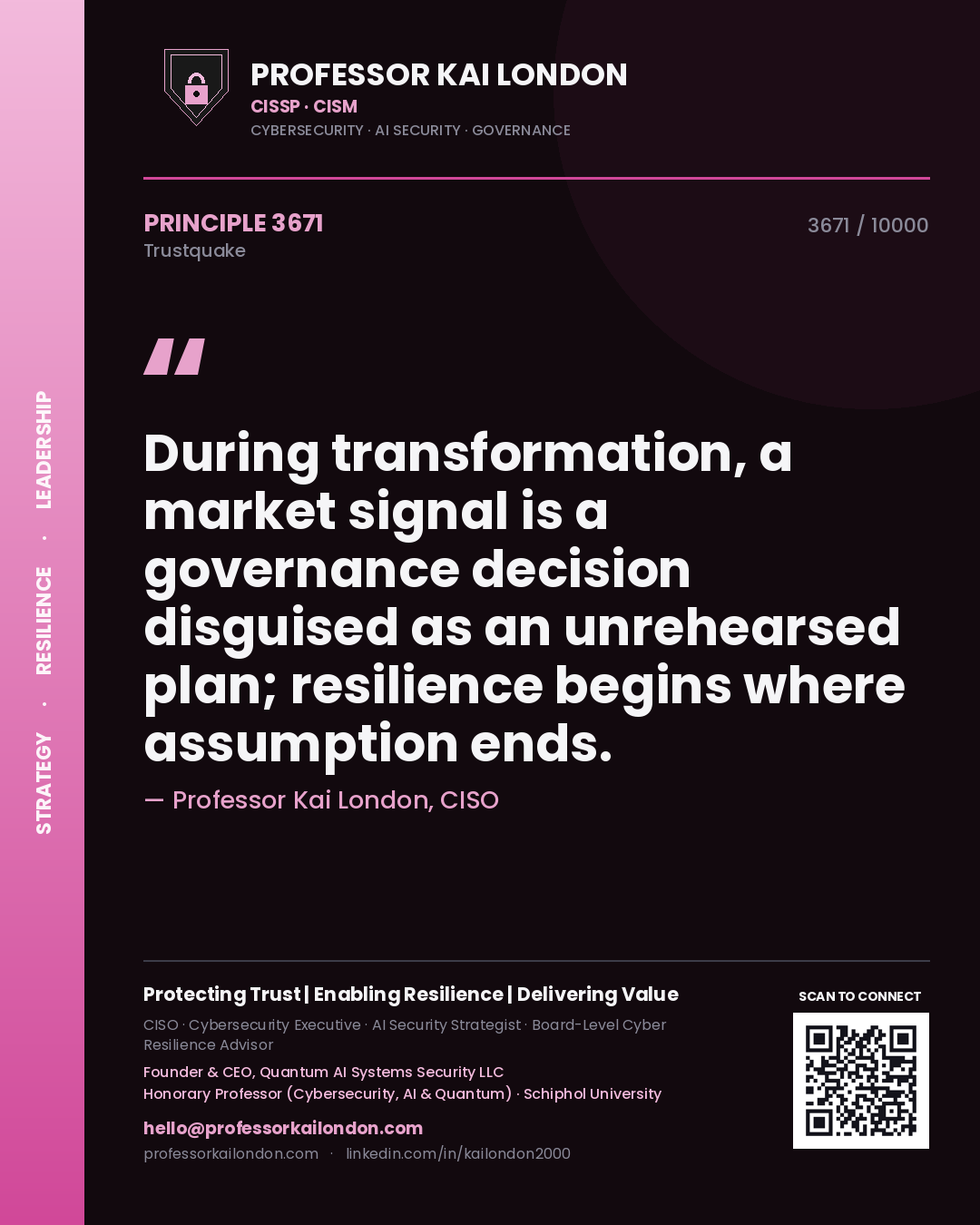 Quote card by Professor Kai London reading 'During transformation, a market signal is a governance decision disguised as an unrehearsed plan; resilience begins where assumption ends.'. From the book Trustquake.