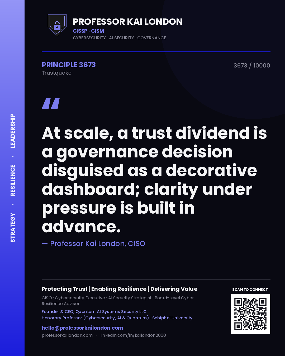 Quote card by Professor Kai London reading 'At scale, a trust dividend is a governance decision disguised as a decorative dashboard; clarity under pressure is built in advance.'. From the book Trustquake.